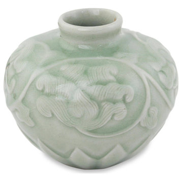 NOVICA Voluptuous Lotus And Celadon Ceramic Petite Vase