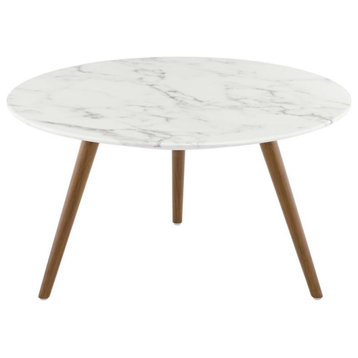 Pemberly Row 28" Round Top Modern Marble Coffee Table in White/Walnut
