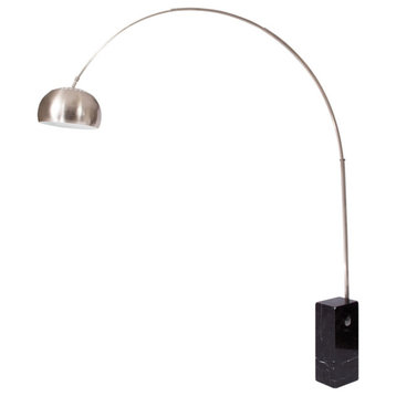 LeisureMod Modern Arco Stainless Steel Floor Lamp with Marble Cube Base in Black