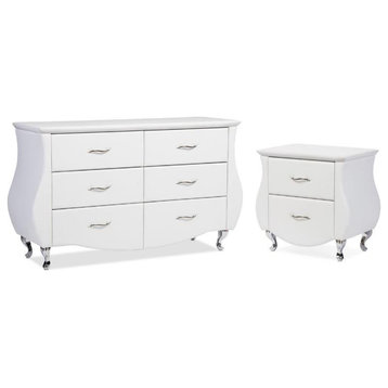 2 Piece Faux Leather Double Dresser and Nightstand Set in White