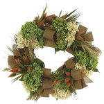 Creative Displays - 26" Hydrangea and Thistle Fall Wreath - Welcome the fall season with the 26" Hydrangea and Thistle Fall Wreath! This vibrant and beautiful piece of art is handcrafted to bring love, warmth, and color into your living or workspace. Perfectly detailed with wheat, green hydrangeas, cream hydrangeas, tan bows, cream pampas grass, green and orange thistle - you'll marvel at how realistic it looks. Unlike live plants that require regular maintenance to keep them looking fresh, this wreath requires no water or extra fussing. Crafted from high quality and durable materials to last you season after season. Add a touch of fall cheer to your home or office today with the 26" Hydrangea and Thistle Fall Wreath - perfect for updating your holiday decor this year!