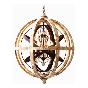 Retro Rustic Weathered Wooden Globe Metal Orb Crystal 3-Light/5-Light Chandelier