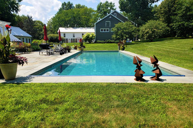 Imagen de piscina grande rectangular en patio trasero con paisajismo de piscina y adoquines de piedra natural