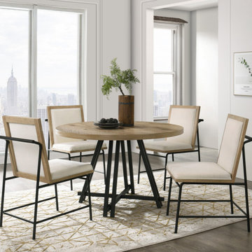 Tate Oak Finish 47" Round Dining Table Set with Cream Color Upholstered Chairs
