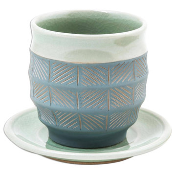 NOVICA Verdant Comfort And Celadon Ceramic Cup And Saucer