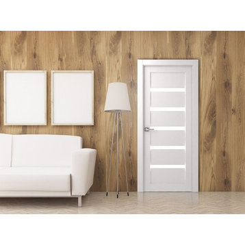 Leora Bianco Noble with Concealed Hinges, Tempered Frosted Glass, Solid Core, 18" X 80", Right-Hand