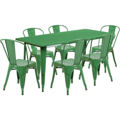 31.5"x63" Rectangular Green Metal 6-Piece Table Set Stack Chairs