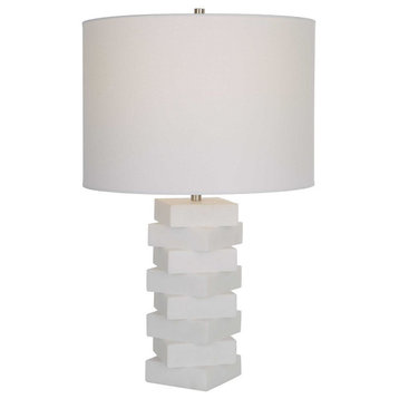 Stacked Square Blocks Table Lamp Faux Marble White Geometric  23 in x 14 Classic