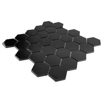 Gio Black Glossy 2" Hexagon Porcelain Mosaic Tile, 55 Sheets
