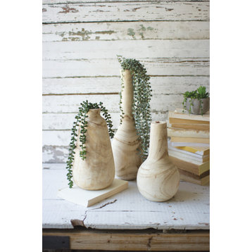 Kalalou Cfan1000 Set Of Three Hand Carved Tall Wooden Vases