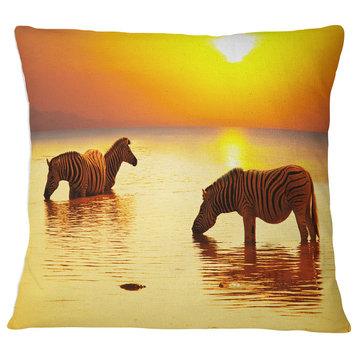 Zebras Drinking in Lake at Sunset Animals Throw Pillow, 18"x18"