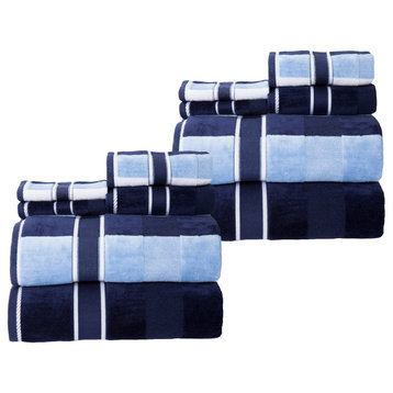12PC Towel Set Cotton Bathroom Accessories Solid and Striped Towels, Navy
