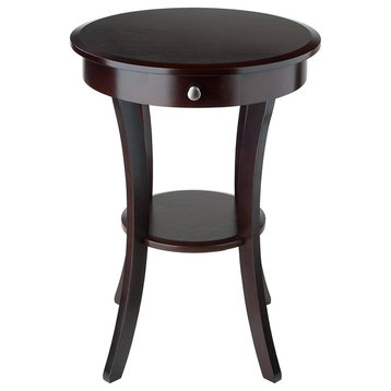 Modern Round Accent Table With Drawer and Shelf, Cappuccino