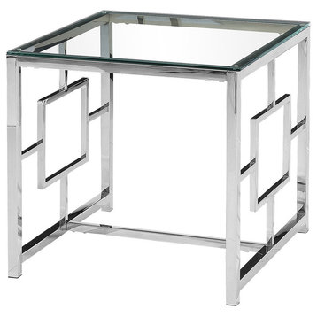 Silver Stainless Steel Living Room Glass End Table