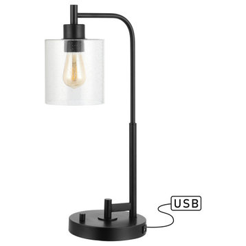 Axel Modern 23" Iron/Seeded Glass Farmhouse USB Charging LED Task Lamp, Black