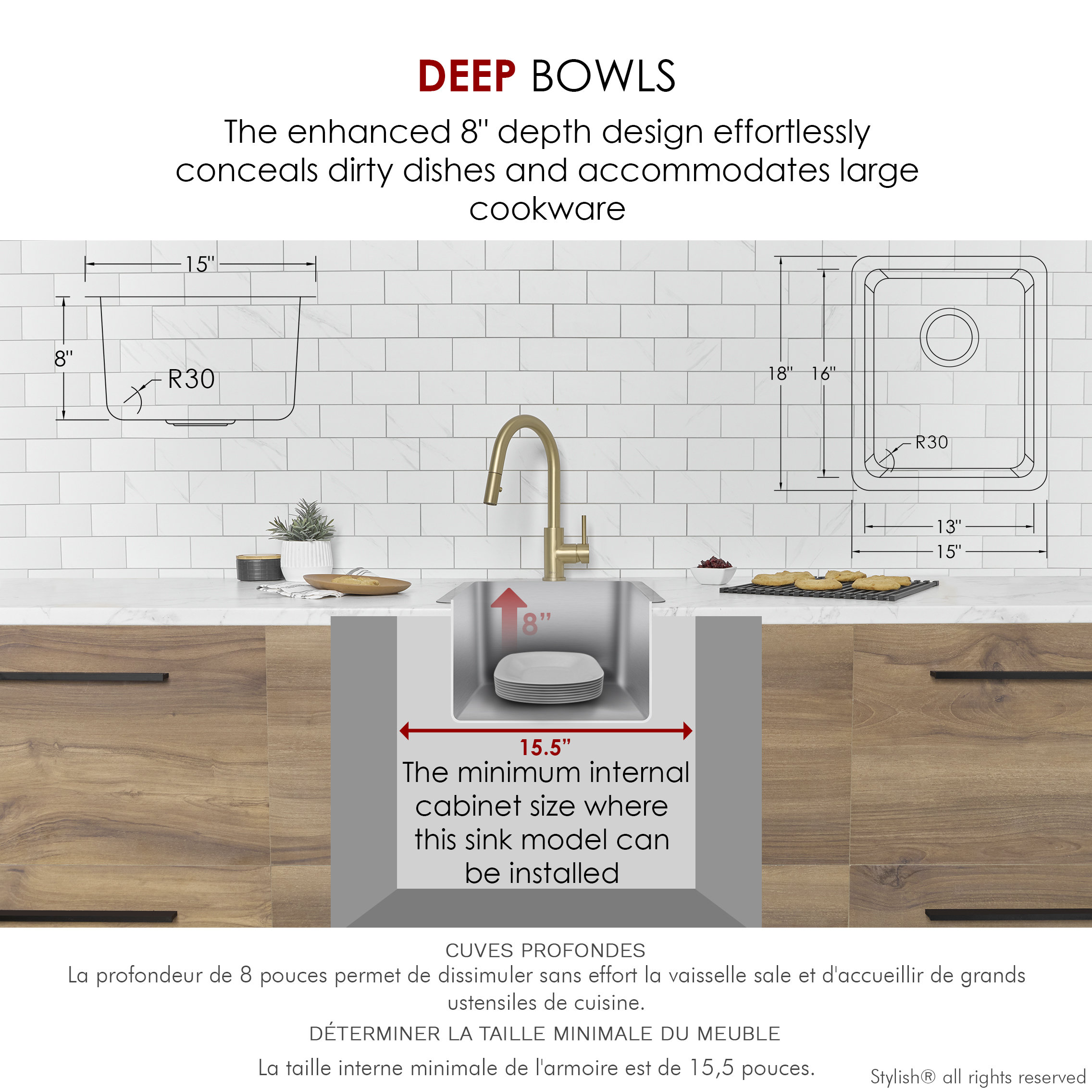 STYLISH 15 inch Single Bowl Undermount and Drop-in Stainless Steel Kitchen Sink