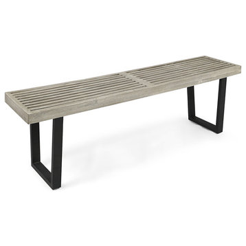 Joa Patio Contemporary Acacia Wood Dining Bench With Iron Legs, Brushed Light Gray/Black
