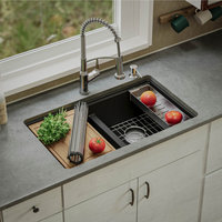 Karran Undermount 32.5 in. Double 50/50 Bowl Workstation Kitchen Sink, Black