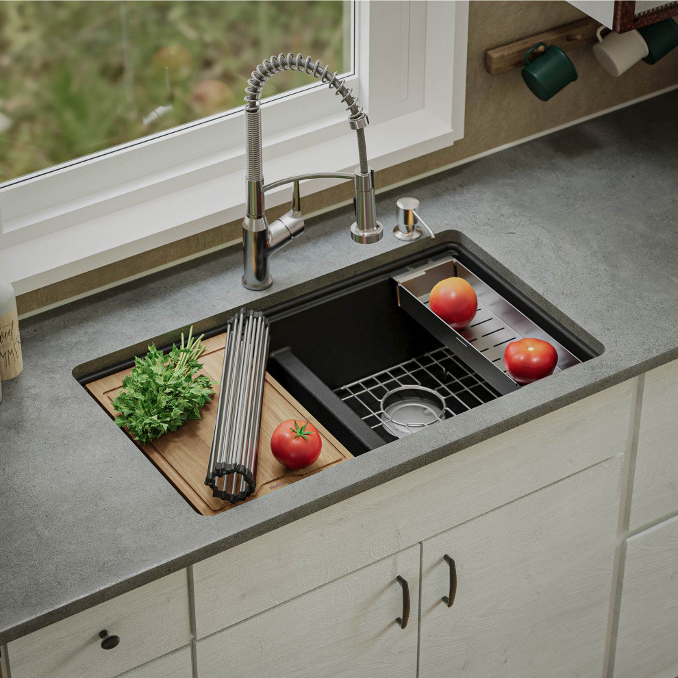 Karran Undermount 32.5 in. Double 50/50 Bowl Workstation Kitchen Sink, Black