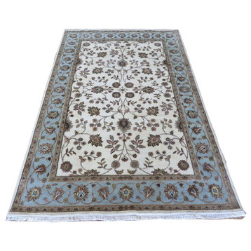 6 x 9'3 Handmade Ivory Sky Blue Persian Tabriz With Silk Oriental Rug