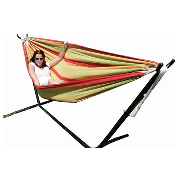 Brazilian Double Hammock with Universal Stand, Yellow, Green & Red Stripes