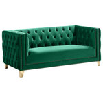 Meridian Furniture - Michelle Fabric Upholstered Chair, Gold Iron Legs, Green, Velvet, Loveseat - Upholstered in soft green velvet, this Michelle love seat is sumptuously glamorous. Designed for upscale living, this chair features rich gold nail head trim and gold iron legs that keep it grounded in contemporary beauty. Tufted material covers every inch of this unit, and button tufting ensures that the unit stays plump and comfortable and holds up well to continual use. Pair it with other items in the collection for a cohesive look.