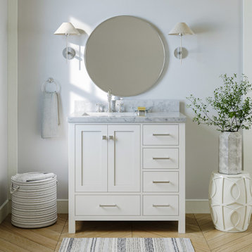 ARIEL Cambridge 37" Left Rectangle Sink Bathroom Vanity with Marble Top, White