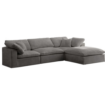Cozy Velvet Upholstered Comfort 4-Piece L-Shaped Modular Sectional, Grey