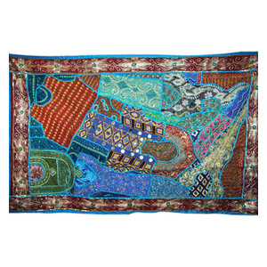 Mogul Interior - Indian Sari Tapestry Blue Wall Throw - Tapestries