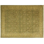 Bareen's Designer Rugs - Pak-Persian Rebekah Lt. Green/Lt. Gold Wool Rug - 10'2 x 14'3 - Designed with mesmerizing intricacy and gorgeous color palette, this hand-knotted masterpiece demonstrates the beauty and electrifying thrill of Pak Persian art. These meticulously handcrafted Pak-Persian rug is made with pure wool and features breathtaking traditional and Transitional designs in bold lush color pallet. Known for their intricate designs these rugs are a reproduction of Persian rugs, made in Pakistan with unique Mughal designs. Made by master weavers using the same Persian texture, design and dying technique, we wanted to produce the most significant manifestation of the Persian art, life and culture. This rug is most famous for its exceptional quality, incredible designs, patterns and vibrant rich color. Pak-Persian rugs made with Persian weave with high knot counts, which enables the high intricacy and detail found in the patterns are also referred to as "State of art", each color adds a rich beautiful detail in the artwork of this rug. The design, color and beautiful chromatic composition with a vibrant sheen with traditional and Transitional designs, exude beauty, elegance and quality make this rug a masterpiece of its own.