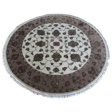 6 X 6 Round Handmade Ivory Persian Tabriz With Silk Oriental Rug