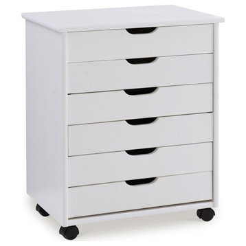 Linon Callie Six Drawer Wide Wood Rolling Cart in White Wash