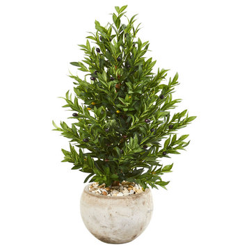 3' Olive Cone Topiary Artificial Tree in Sand Stone Planter, Indoor/Outdoor