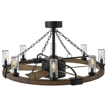 5-Blade Ceiling Fan Matte Black Arms and Round Driftwood Frame 6-Light Kit in