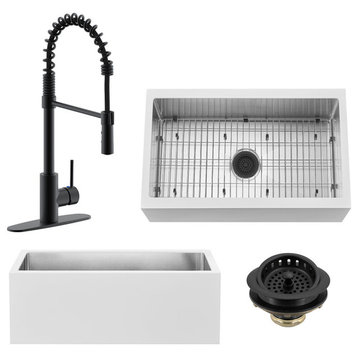 30" Single Bowl Farmhouse Solid Surface Sink and Faucet Kit, Matte Black