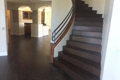 Mid-sized transitional wood curved staircase in Phoenix with painted wood risers and metal railing.