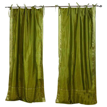 Lined-Olive Green Tie Top Sheer Sari Cafe Curtain Drape Panel-43W x 36L-Pair