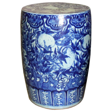 Chinese Round Peach Flower Blue White Porcelain Stool Table Hcs4302