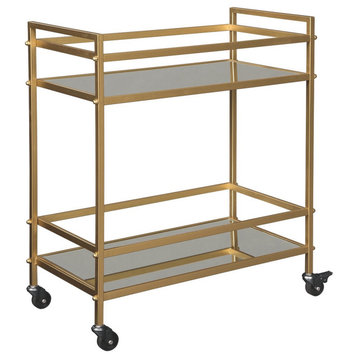 Benzara BM231915 Metal Frame Bar Cart With 2 Mirrored Shelves, Gold