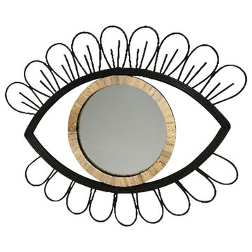 Metal/Rattan 29" Eye Wall Accent With Mirror, Black