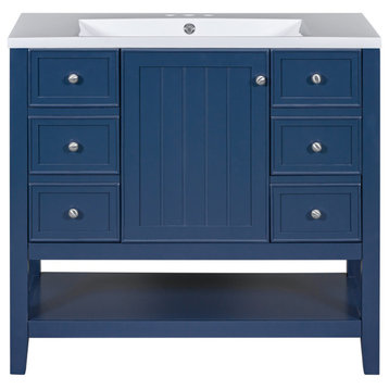 36 Inch Freestanding Bathroom Vanity Set in Blue with Drawers and Ceramic Sink, Blue