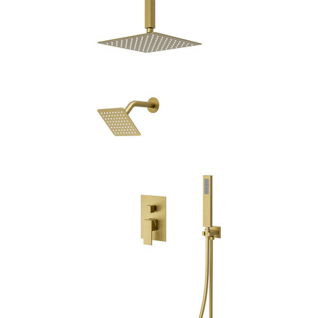 CRANACH CROZET Square Shower System with Dual Shower Head and Hand Shower, Brushed Gold
