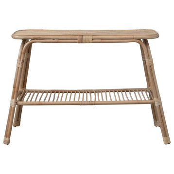 Hand-Woven Rattan Console Table With Shelf