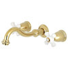 Wall Mounted Bathroom Faucet, 2 Elegant Crossed White Handles, Polished Brass