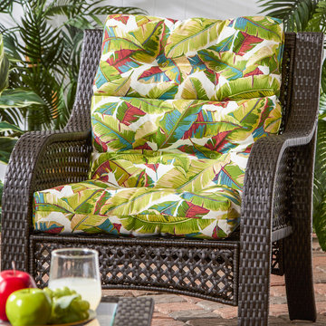Wicker Woven Chair with Bright Palm Leaf Pattern Cushion