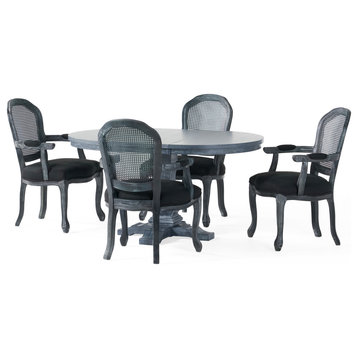 Mariette French Country Wood and Cane 5 Piece Expandable Oval Dining Set, Black/Gray/Gray