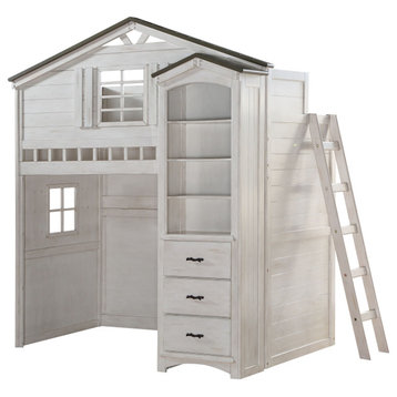 ACME Tree House Twin Loft Bed, Weathered White & Washed Gray