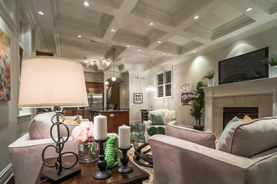 Example of a large transitional open concept dark wood floor family room design in Chicago with a standard fireplace, a stone fireplace and a wall-mounted tv