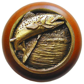 Leaping-Trout Cherry Wood Knob, Antique-Style Brass