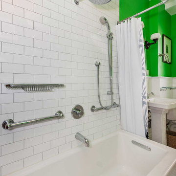 Bold Green Guest Bathroom and White Subway Tiles